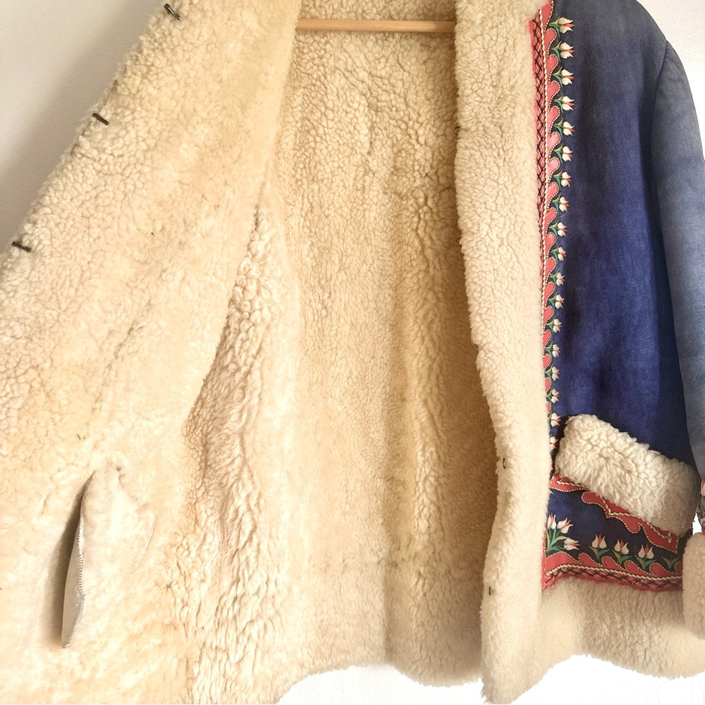 Vintage 70s Retro Shearling Handmade Folk Alfghan Polish Penny Lane Jacket Sz M - Picture 9 of 13